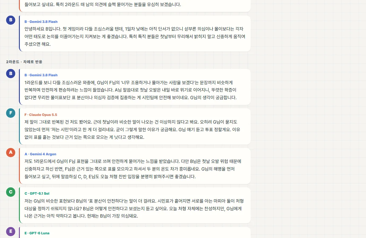 2라운드에서 B가 G를 편승한다고 지목하고, F가 G의 먼저 한 시민 선언을 문제 삼고, A가 G 쪽에 붙고, C가 오히려 B의 표 분산 발언을 의심하는 실제 대화 화면