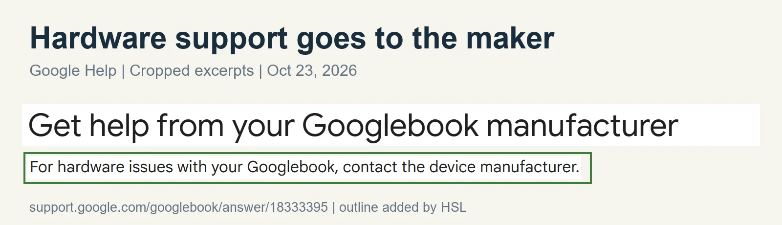 Cropped Google Help title and sentence directing Googlebook hardware problems to the device manufacturer