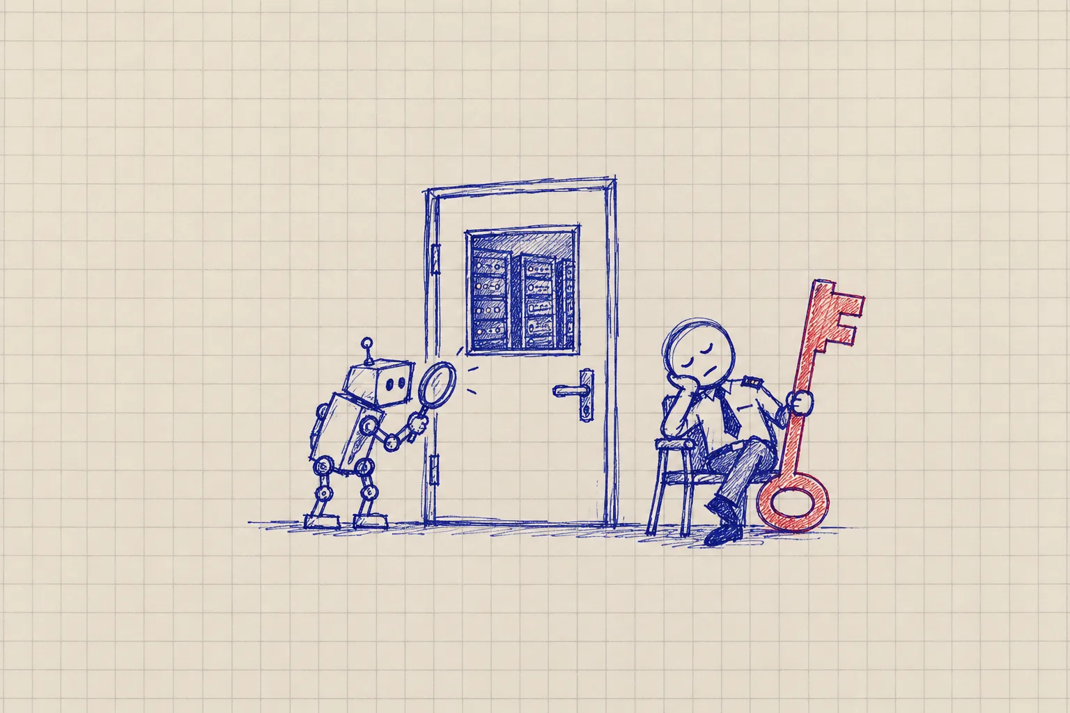 Rough notebook sketch of a robot watching a server-room door beside a sleepy human guard holding a large key