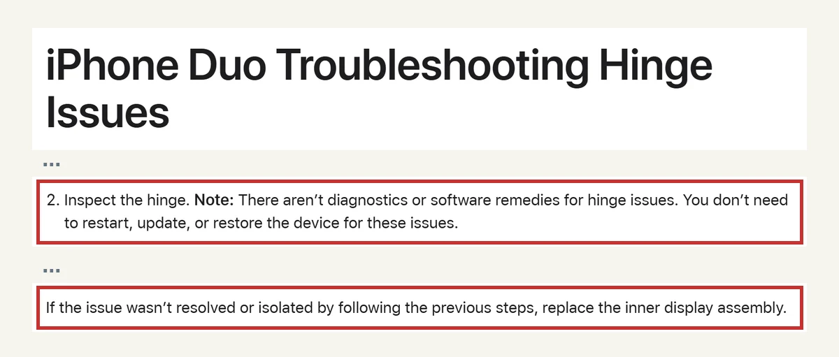 Apple support doc capture: hinge symptoms, no software fix for hinge issues, and inner display assembly replacement