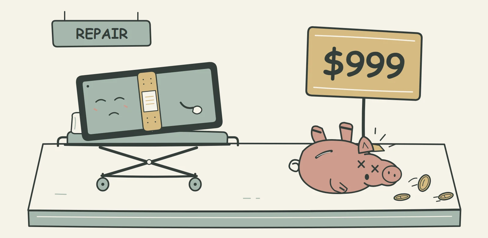 At a repair counter, a bandaged foldable lies on a stretcher while a piggy bank faints at a $999 price sign