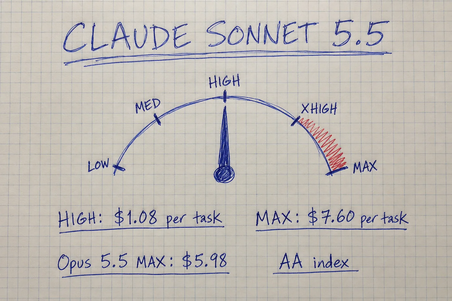 HIGH에 맞춘 Sonnet 5.5 effort 다이얼 노트 스케치: High 작업당 1.08달러, Max 7.60달러, Opus 5.5 Max 5.98달러