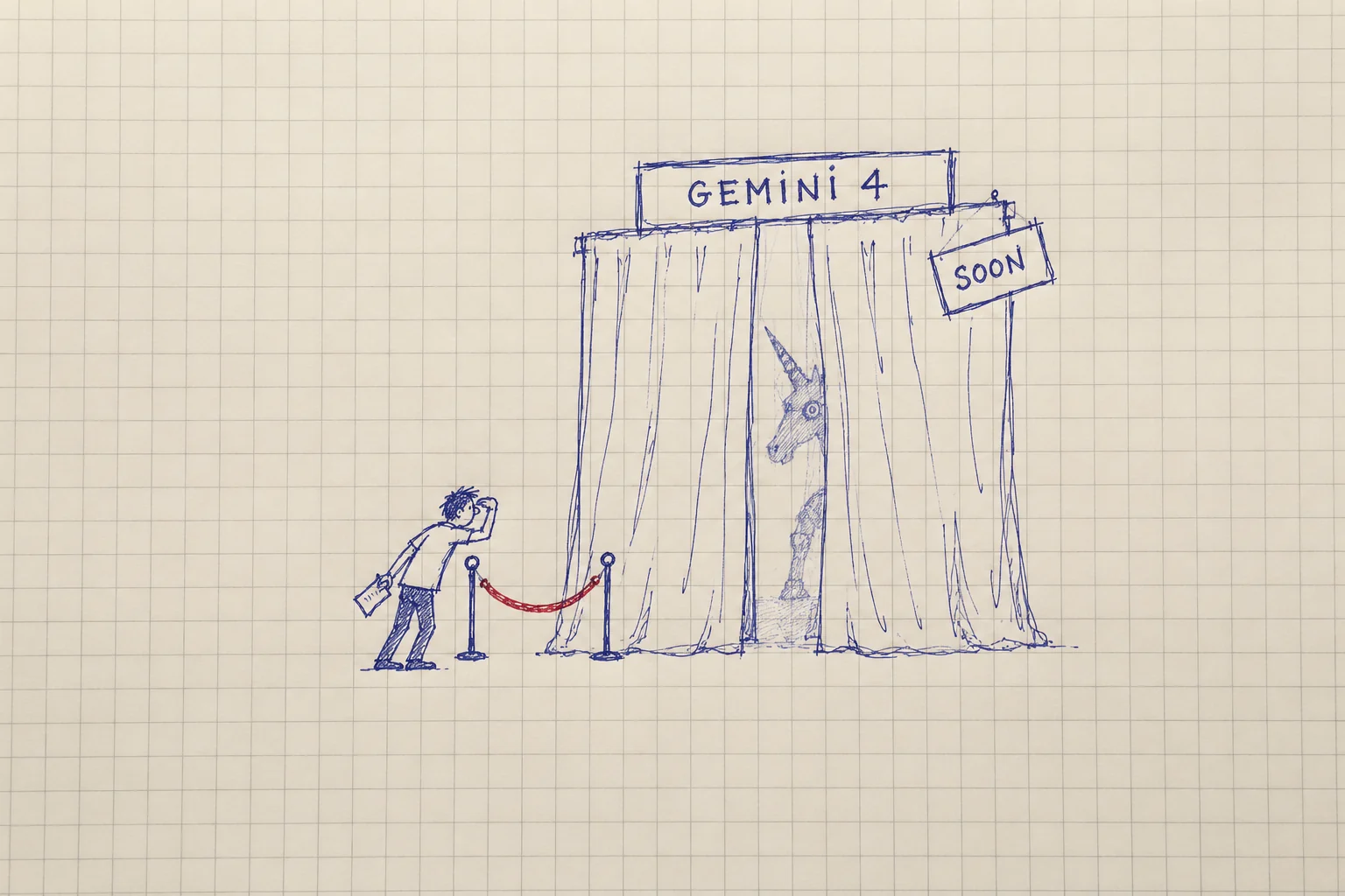 곧 공개된다는 Gemini 4 커튼 뒤의 기계 유니콘을 기다리며 들여다보는 방문객의 노트 스케치